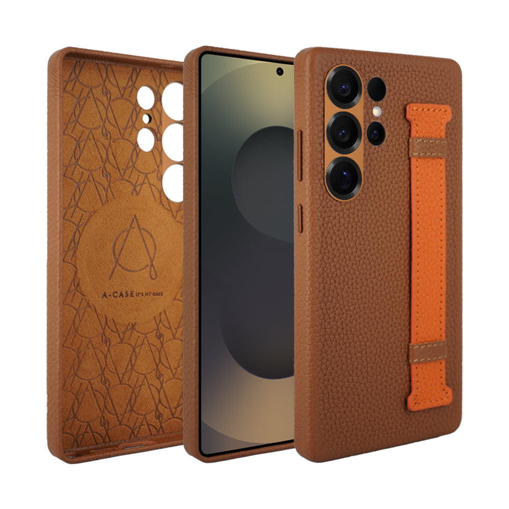 Amur Pro Series A-Case for Samsung Galaxy S25 Ultra - Slim & Lightweight Genuine Leather Case with Magnetic Compatibility and Case-Less Touch Feeling (6.9-Inch)"- Brown/Orange