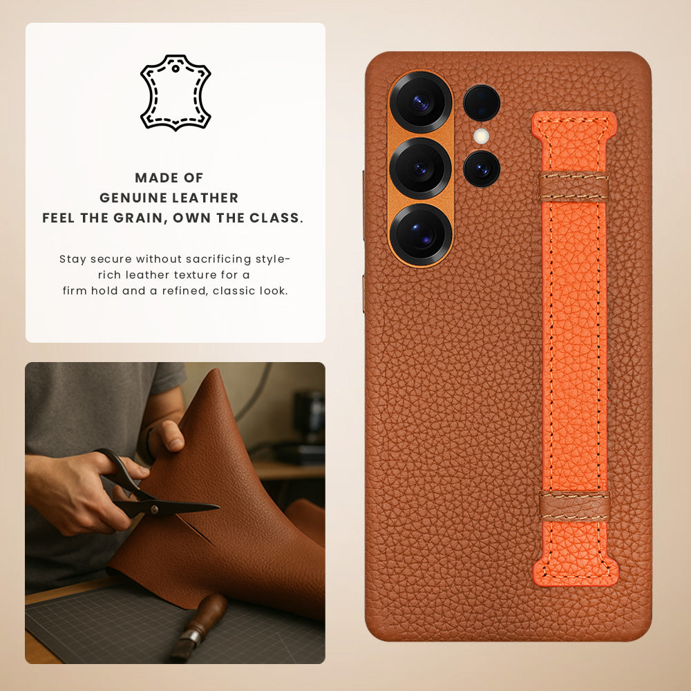 Amur Pro Series A-Case for Samsung Galaxy S25 Ultra - Slim & Lightweight Genuine Leather Case with Magnetic Compatibility and Case-Less Touch Feeling (6.9-Inch)"- Brown/Orange