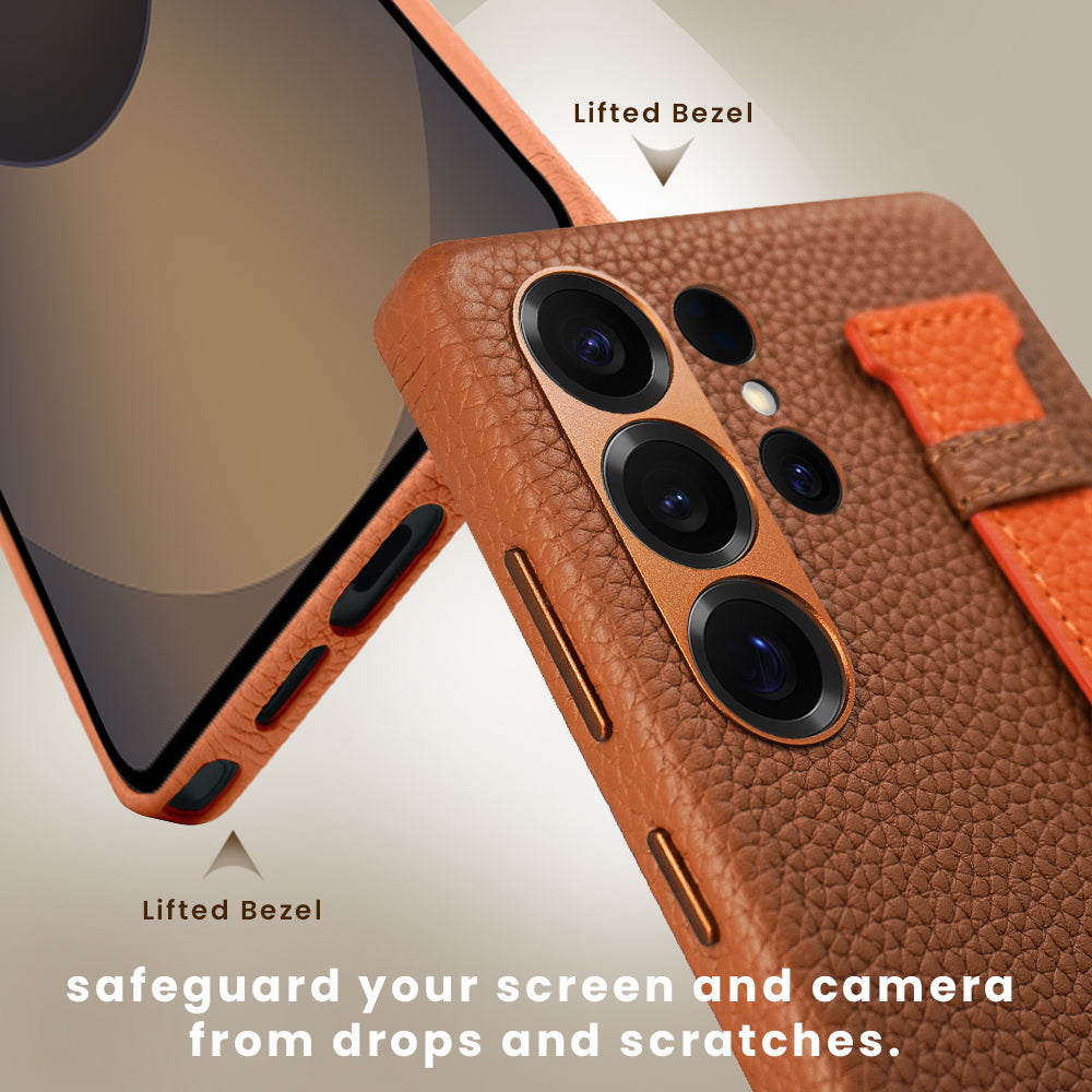 Amur Pro Series A-Case for Samsung Galaxy S25 Ultra - Slim & Lightweight Genuine Leather Case with Magnetic Compatibility and Case-Less Touch Feeling (6.9-Inch)"- Brown/Orange