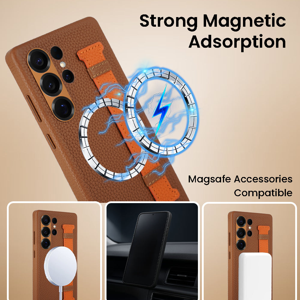Amur Pro Series A-Case for Samsung Galaxy S25 Ultra - Slim & Lightweight Genuine Leather Case with Magnetic Compatibility and Case-Less Touch Feeling (6.9-Inch)"- Brown/Orange