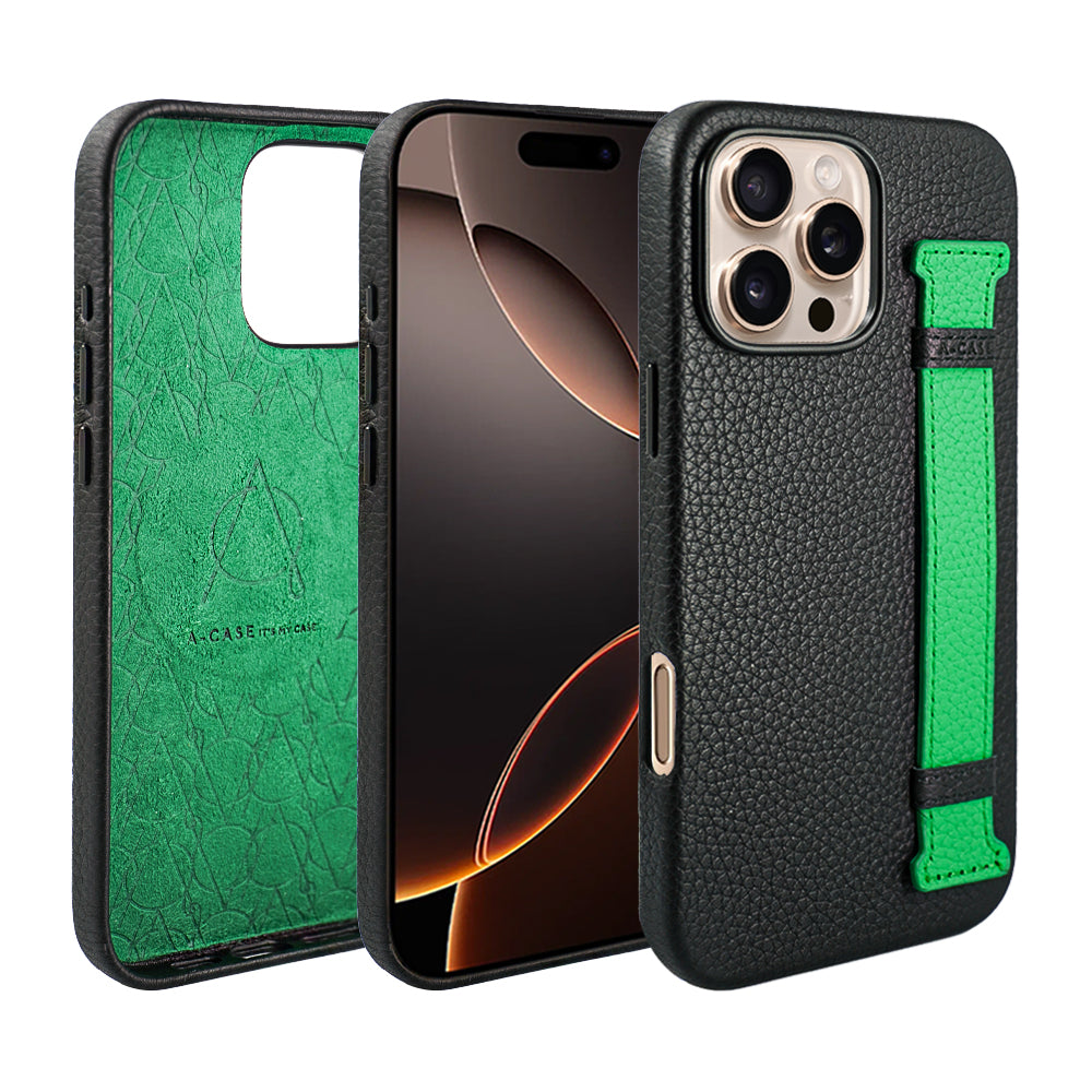Amur Pro Leather Case For iPhone 16 Series-Black/Green
