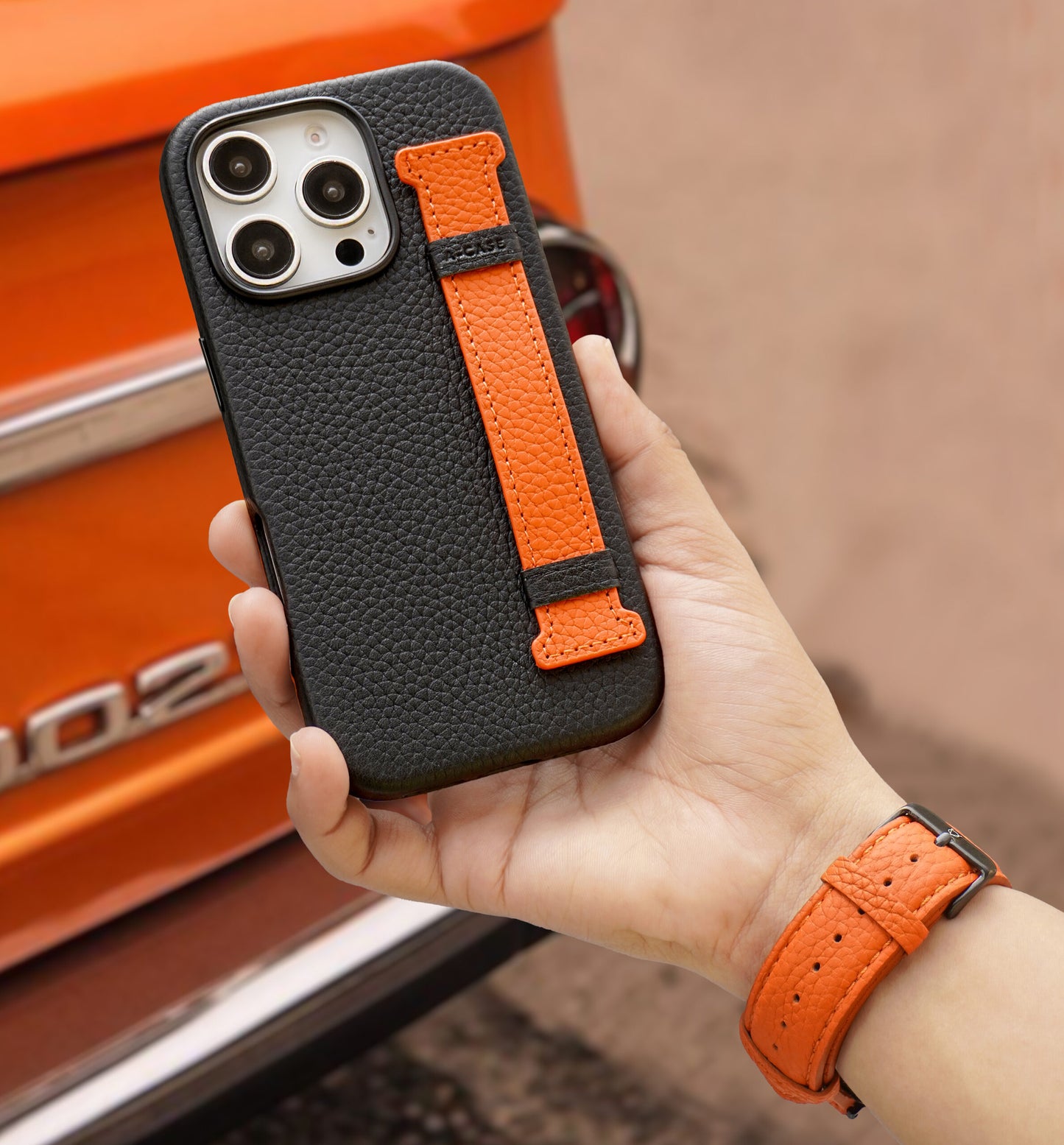 Amur Pro Leather Case For iPhone 16 Series-Black/Orange