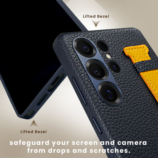 Amur Pro Series A-Case for Samsung Galaxy S25 Ultra - Slim & Lightweight Genuine Leather Case with Magnetic Compatibility and Case-Less Touch Feeling (6.9-Inch)"- Blue/Yellow